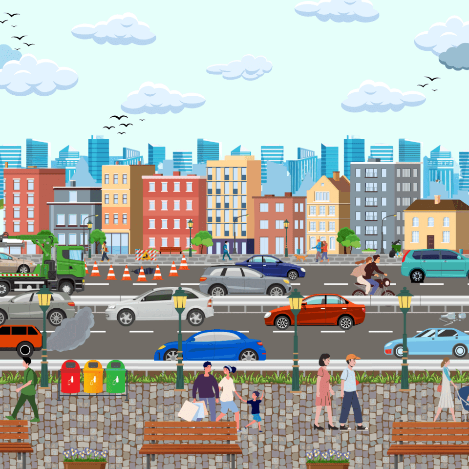 Illustration of a busy city street scene with pedestrians and traffic.