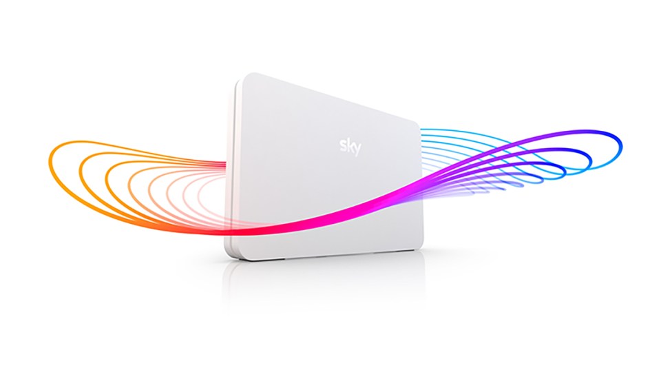 Sky broadband router with colorful data streams.