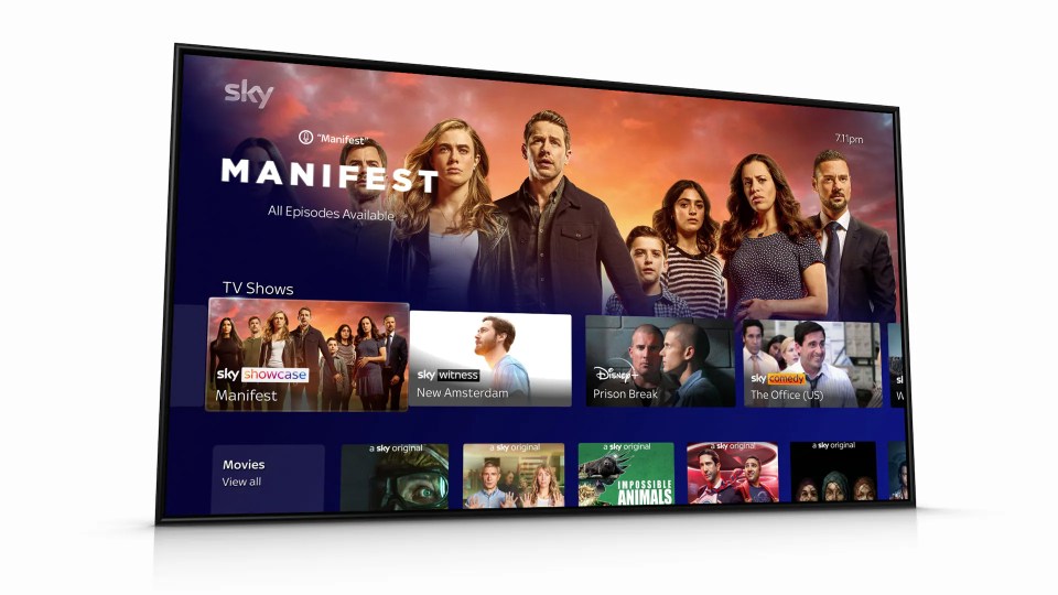 Sky TV screen showing Manifest and other TV shows and movies.