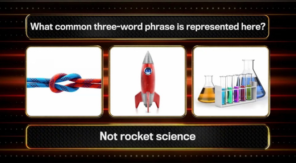 Illustration of a quiz question: What common three-word phrase is represented here? showing a knot, a rocket, and laboratory glassware; the answer is "Not rocket science".
