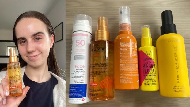 Collage of various hair and face sun protection products.