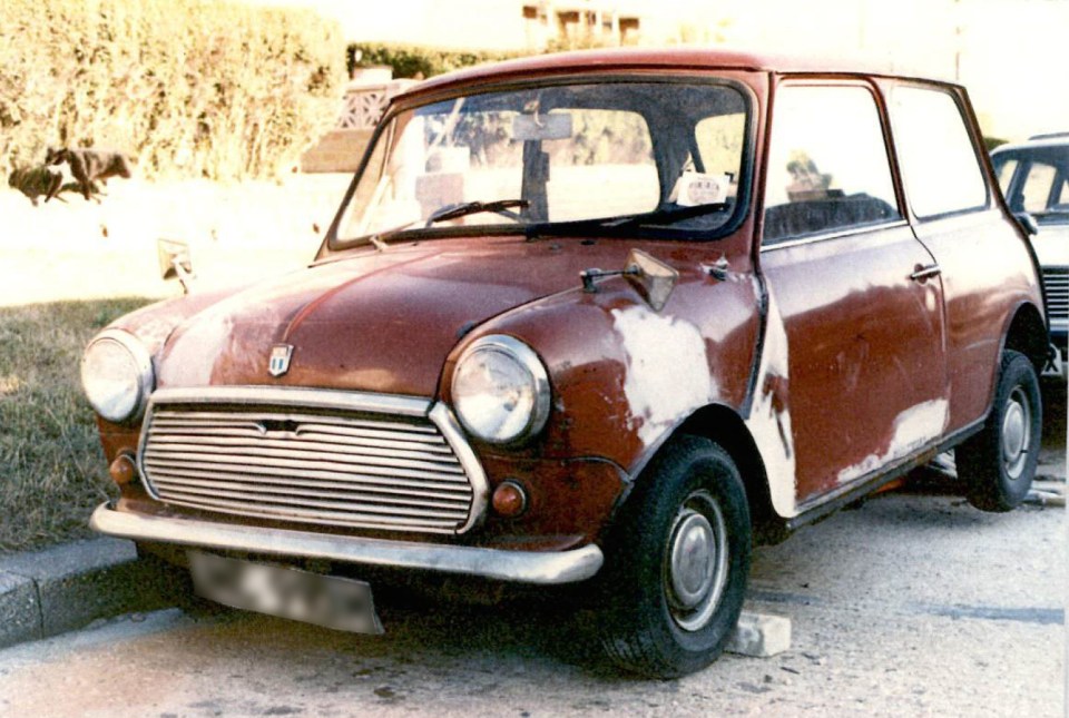 Photo of a red Austin Mini, partially repainted, associated with the "Babes in the Woods" murders.