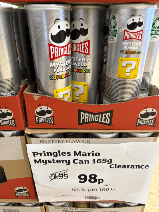 Pringles Mario Mystery Flavor cans on clearance.