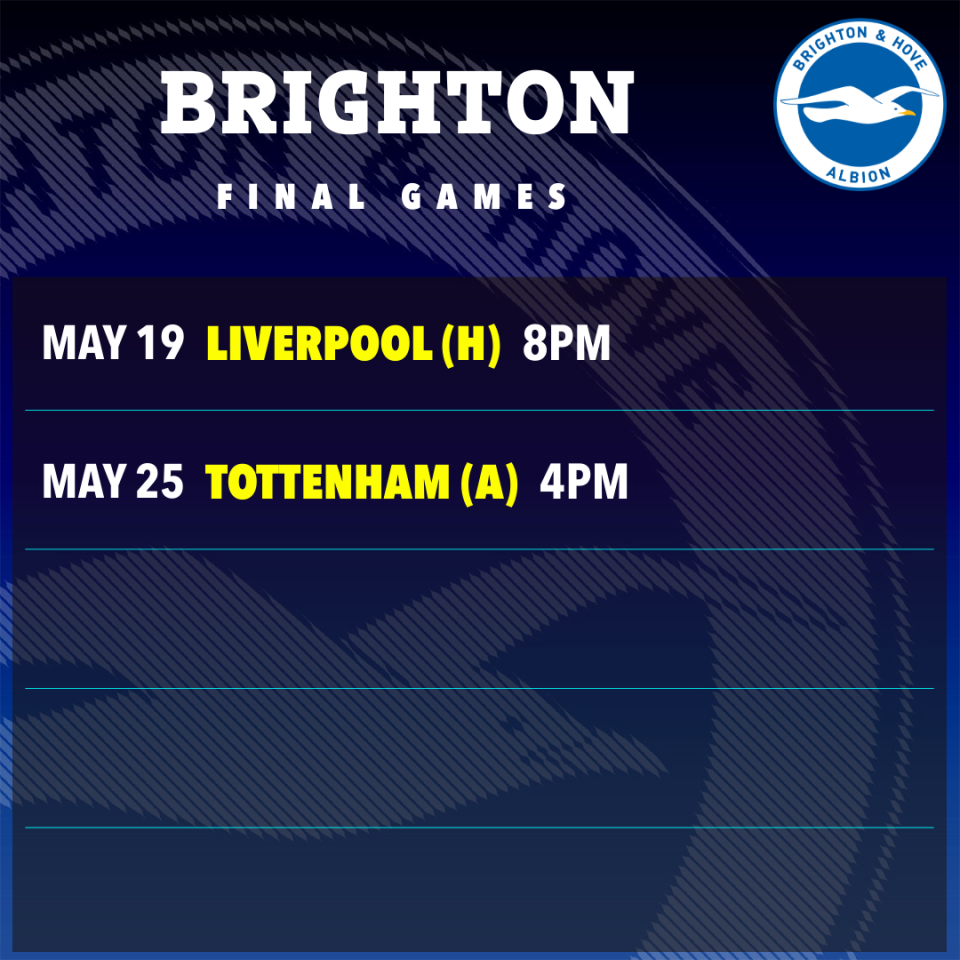 Brighton's final two games: May 19 vs Liverpool (home, 8 PM), May 25 vs Tottenham (away, 4 PM).