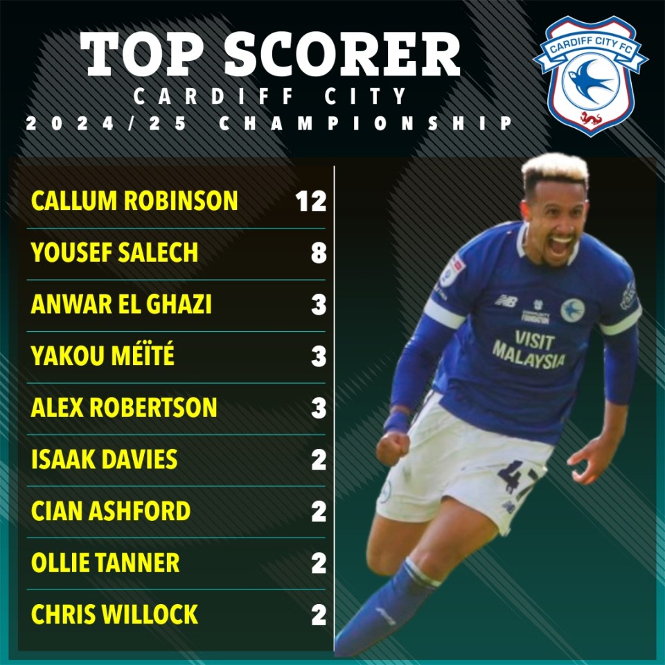 Cardiff City 2024/25 Championship top scorers graphic.