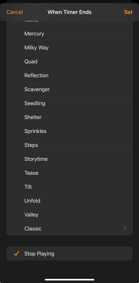 Timer end sound options: Mercury, Milky Way, Quad, Reflection, Scavenger, Seedling, Shelter, Sprinkles, Steps, Storytime, Tease, Tilt, Unfold, Valley, Classic, and Stop Playing.