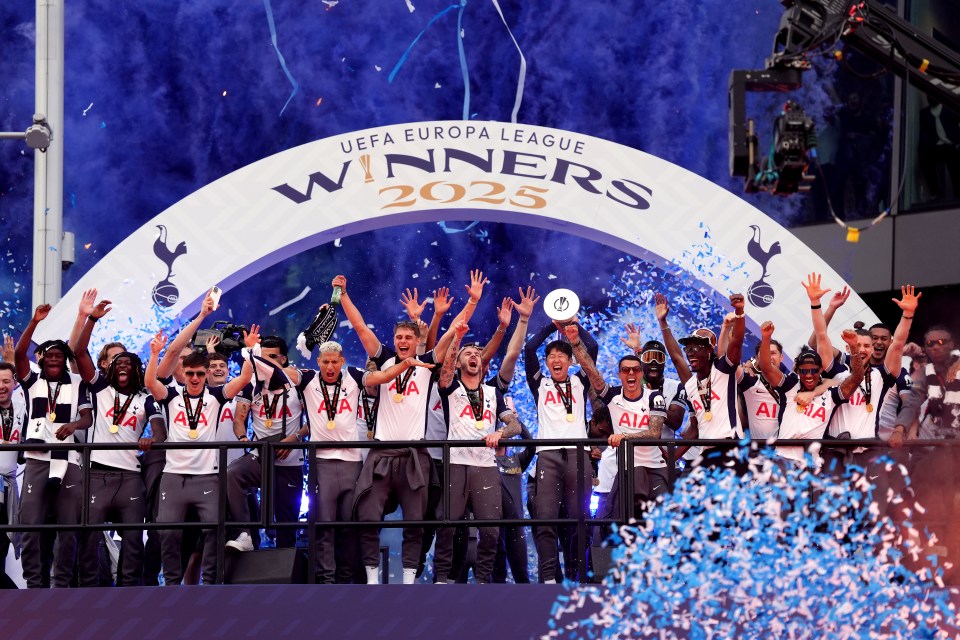 Tottenham Hotspur players celebrating their Europa League victory.