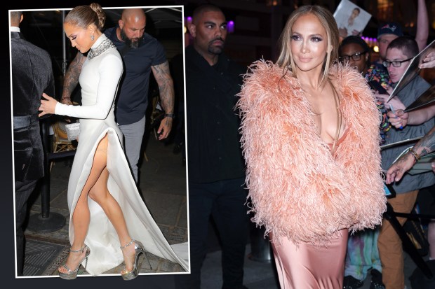 Collage of Jennifer Lopez in two different outfits.
