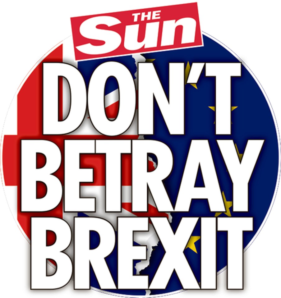 Illustration of The Sun newspaper headline: "Don't Betray Brexit," over a background of the UK and EU flags.