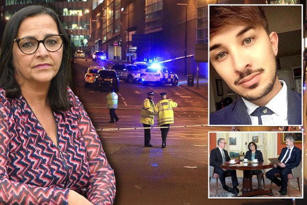 Collage of a woman, a crime scene, a young man, and a meeting.