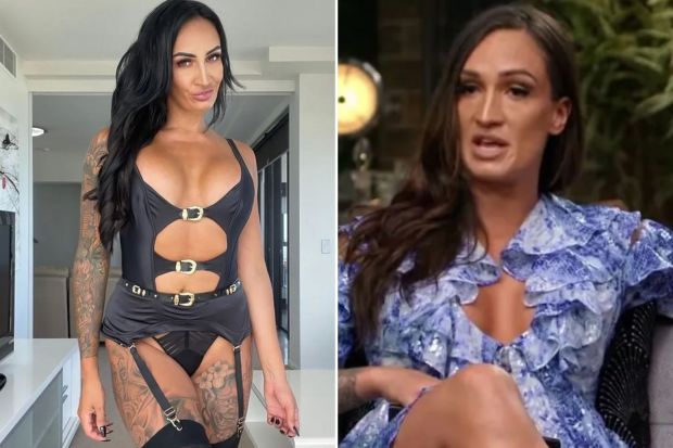 An image collage containing 2 images, Image 1 shows Hayley Vernon from Married at First Sight in a black corset and lingerie, Image 2 shows Hayley Vernon, seated on a couch, discussing her experience leaving OnlyFans after finding God