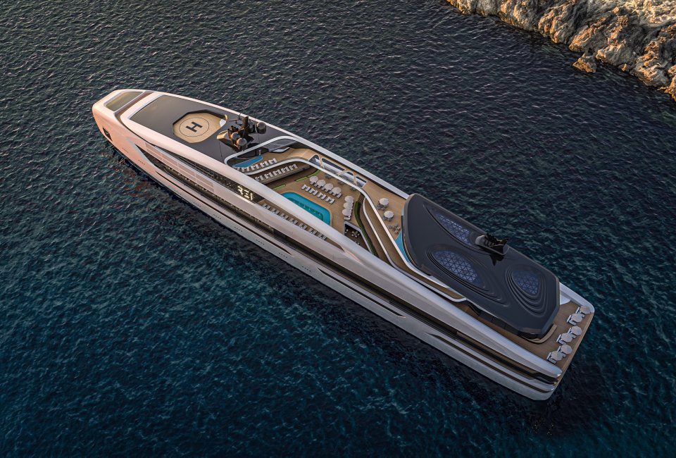Aerial view of the Viken REI yacht, a floating restaurant.