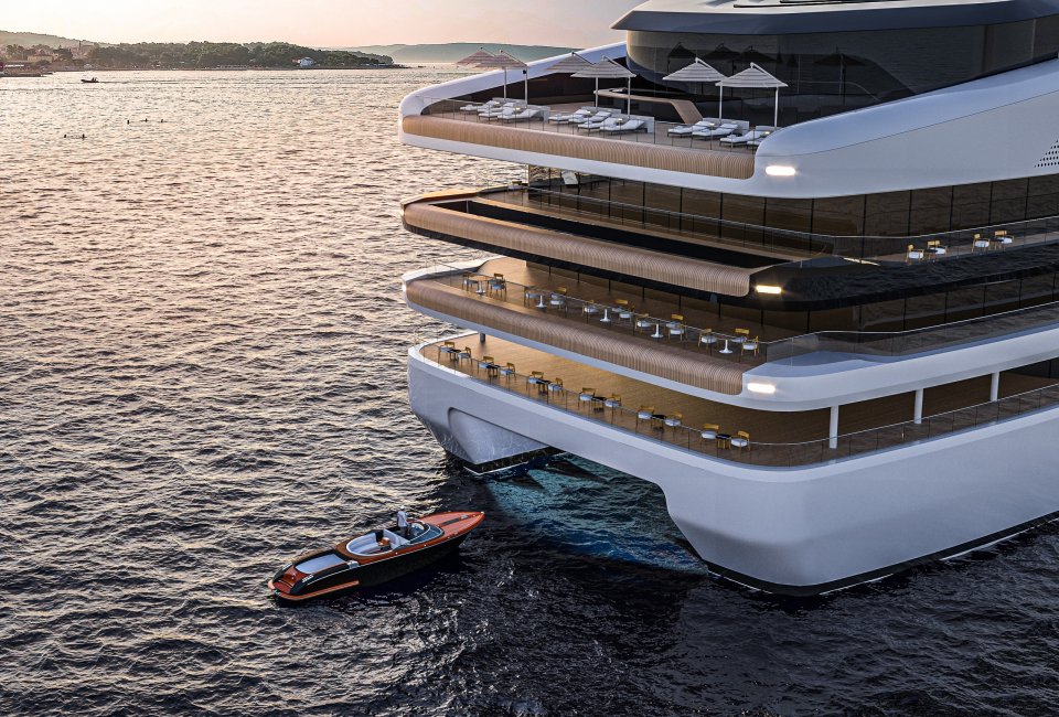 The Viken REI yacht, a floating restaurant with multiple outdoor decks.