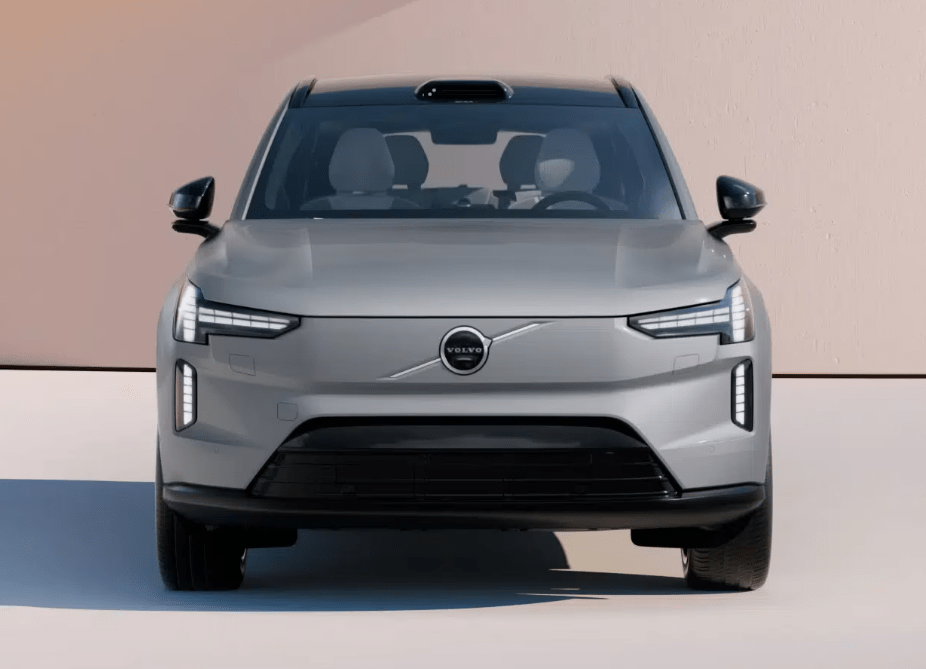 Front view of a silver Volvo.