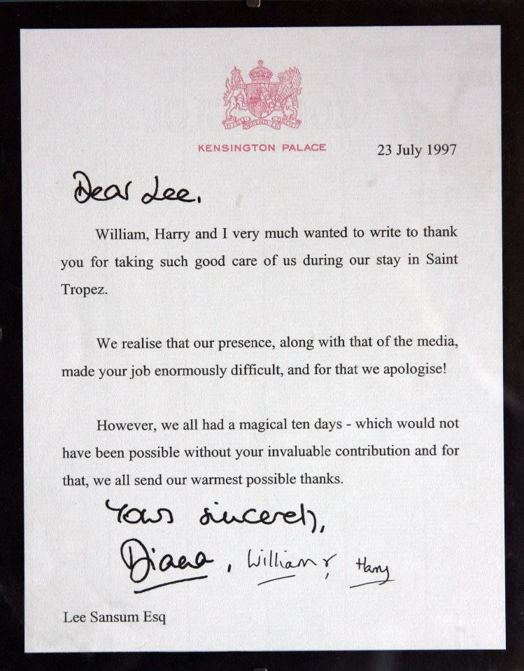 Thank you letter from Princess Diana, Prince William, and Prince Harry to their bodyguard.