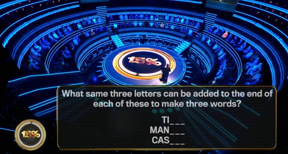 Game show question: What three letters can be added to "TI," "MAN," and "CAS" to make words?