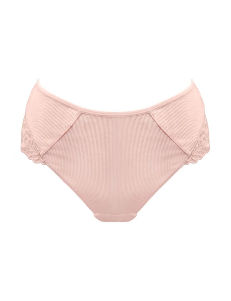 Pink high-waisted briefs with lace trim.