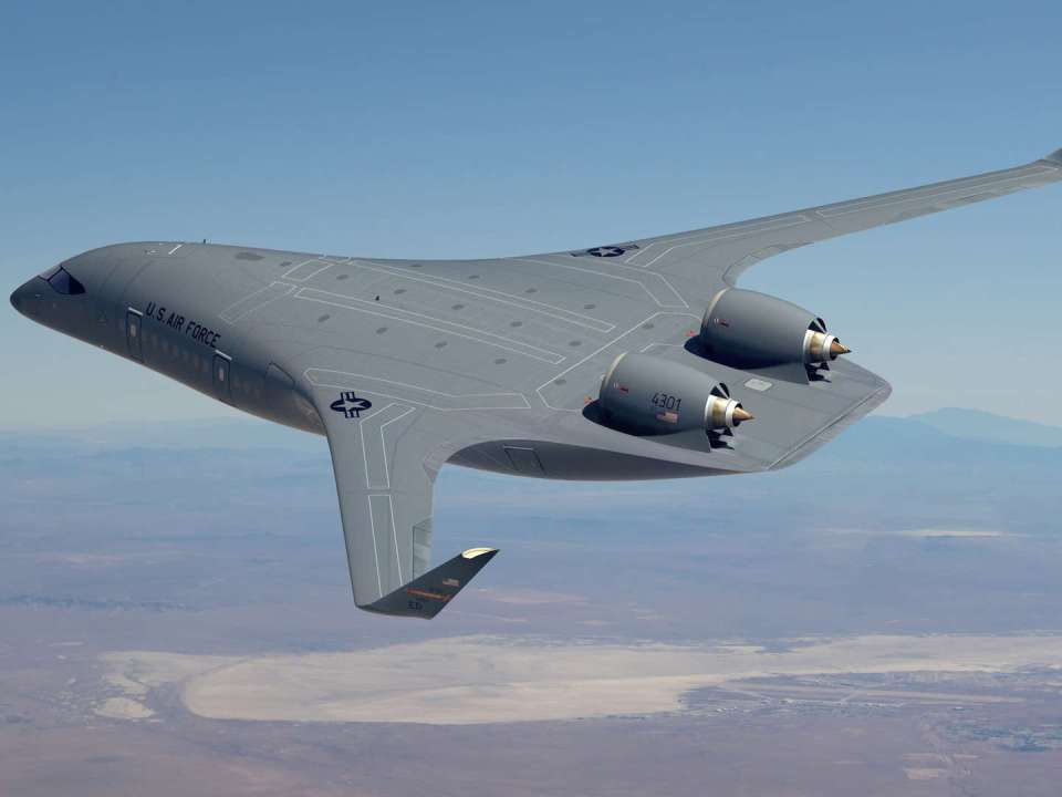 Illustration of a futuristic U.S. Air Force plane in flight.