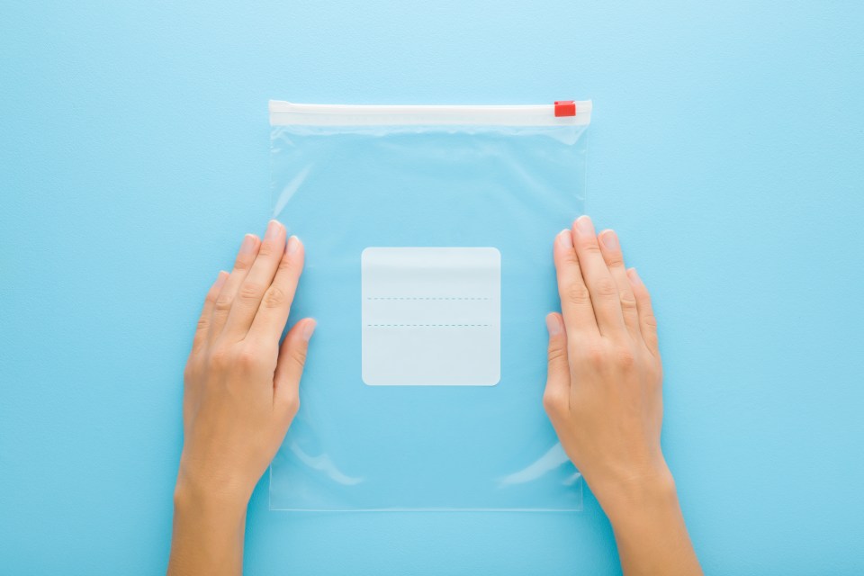 Two hands holding an empty, clear, resealable plastic bag.
