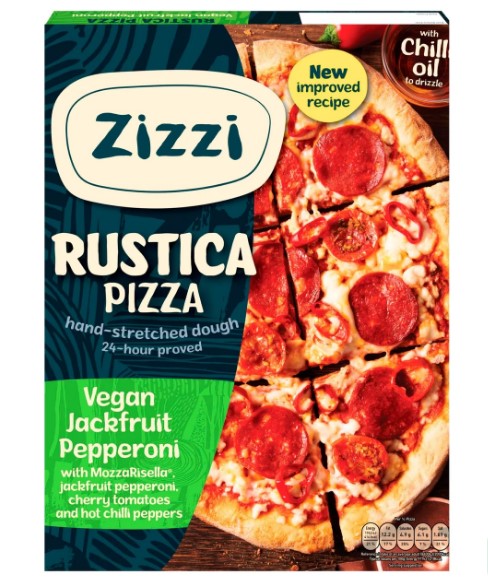 Zizzi Rustica vegan jackfruit pepperoni pizza box.