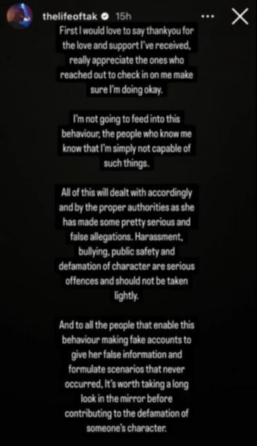 Instagram post denying cheating allegations and calling out those enabling false accusations.