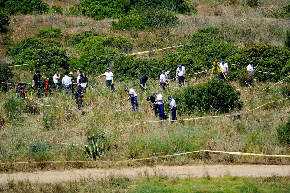 British and Portuguese police officers searching scrubland during the Madeleine McCann investigation.