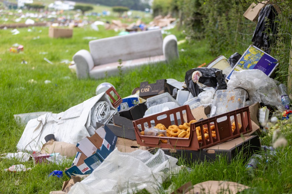 Rubbish and leftover doughnuts discarded on the grass after the Appleby Horse Fair.