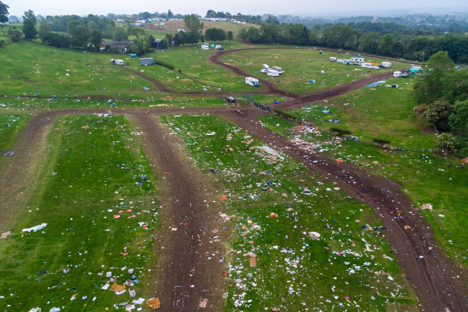Aerial view of litter left in a field after the Appleby Horse Fair.
