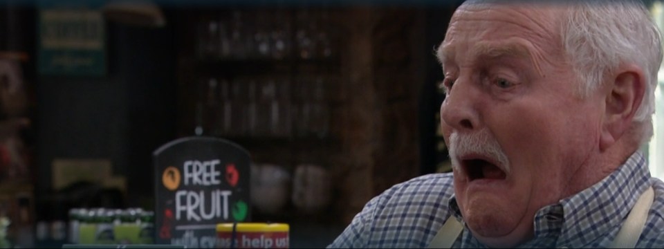 Eric Pollard of Emmerdale looking shocked.