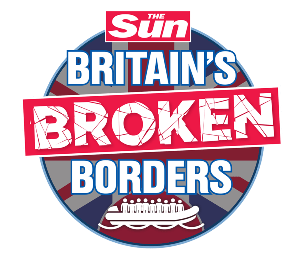 Illustration of The Sun newspaper headline: Britain's Broken Borders, with an image of a small boat carrying people.