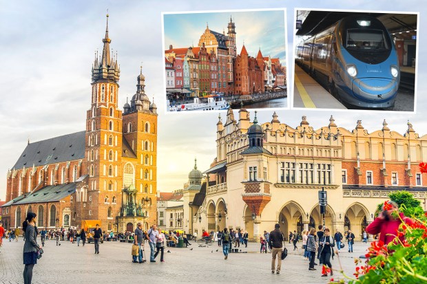 Collage of Polish cityscapes and a high-speed train.