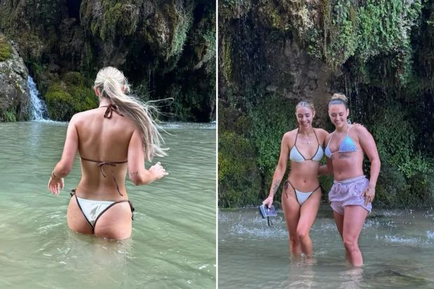 An image collage containing 2 images, Image 1 shows Woman in a bikini wading in a pool in front of a waterfall, Image 2 shows Two women in swimsuits standing in a shallow stream in front of a waterfall