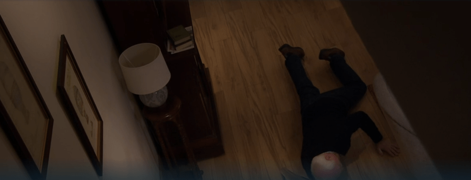 Eric Pollard of Emmerdale lying on the floor after a fall.