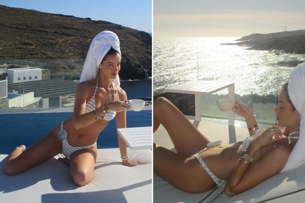 An image collage containing 2 images, Image 1 shows Woman in a swimsuit by a pool, holding a cup, Image 2 shows Woman in a bikini relaxing by the ocean with a drink