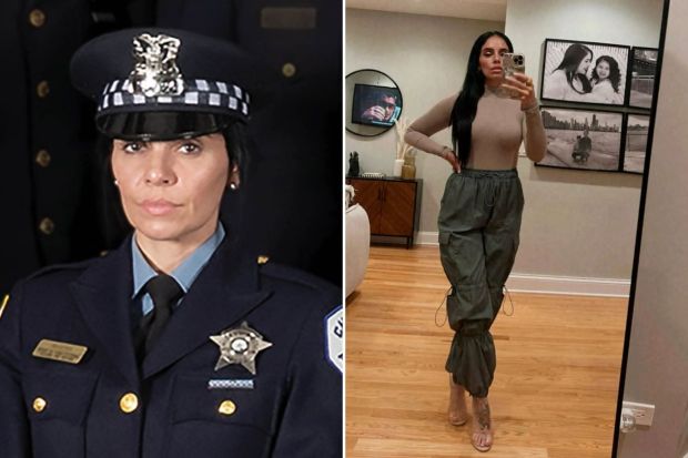 An image collage containing 2 images, Image 1 shows Portrait of Officer Rivera in her Chicago Police Department uniform, Image 2 shows Woman in taupe bodysuit and olive cargo pants taking a selfie in a mirror