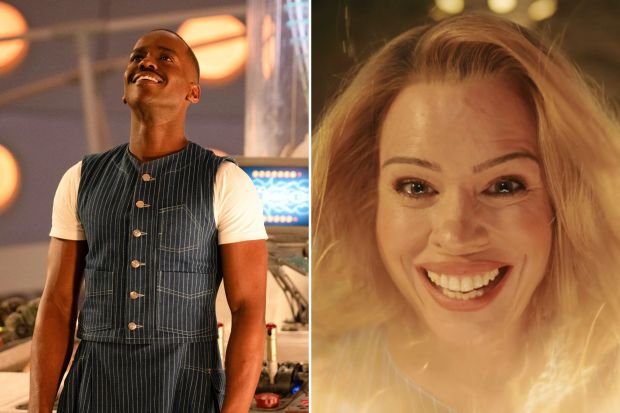 An image collage containing 2 images, Image 1 shows Ncuti Gatwa in the Doctor Who TARDIS, Image 2 shows Billie Piper as the Doctor in the Doctor Who finale