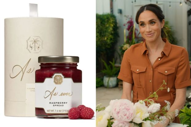 An image collage containing 2 images, Image 1 shows Raspberry spread in a jar with a gift box, Image 2 shows Meghan, Duchess of Sussex, in a rust-colored dress, arranging flowers