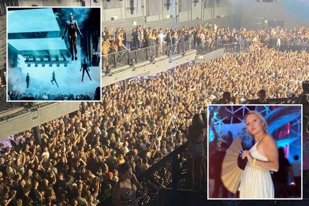 An image collage containing 3 images, Image 1 shows Large crowd at a concert venue, Image 2 shows Woman in white dress holding a hand fan, Image 3 shows Performers suspended above a concert crowd