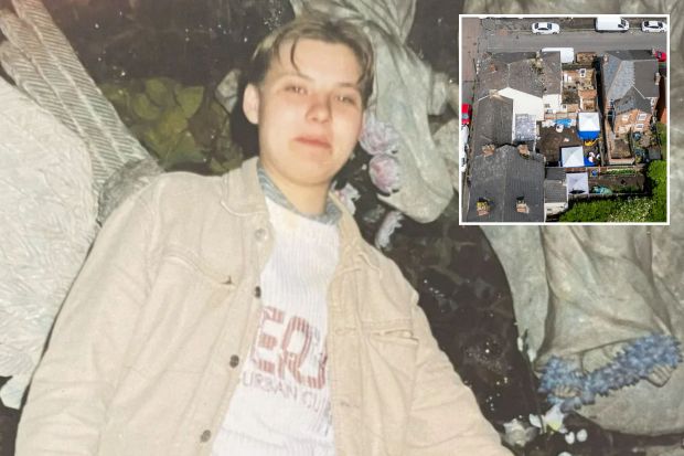 An image collage containing 2 images, Image 1 shows Photo of Izabela Helena Zablocka, Image 2 shows Aerial view of a crime scene investigation in a residential area