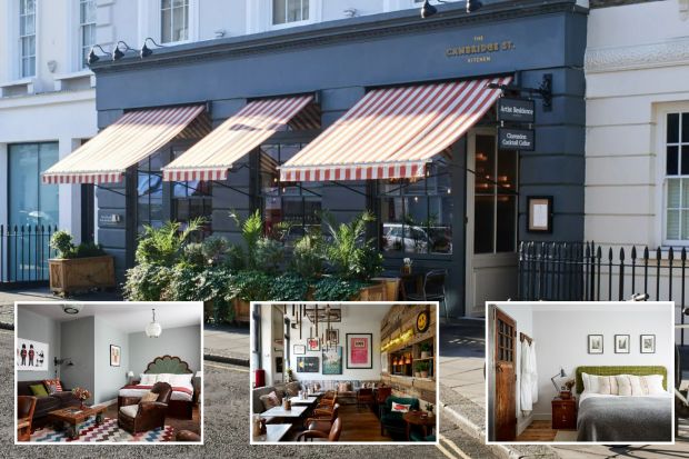 An image collage containing 4 images, Image 1 shows The Cambridge St. Kitchen, Artist Residence hotel, and Clarendon Cocktail Cellar in London, Image 2 shows Hotel bedroom with a green headboard, grey blanket, and antique luggage as a nightstand, Image 3 shows Interior of a cafe with eclectic decor, Image 4 shows Hotel room with bed and sitting area