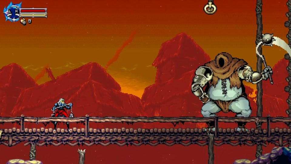 Screenshot of a video game showing a character facing a large hooded enemy on a bridge.