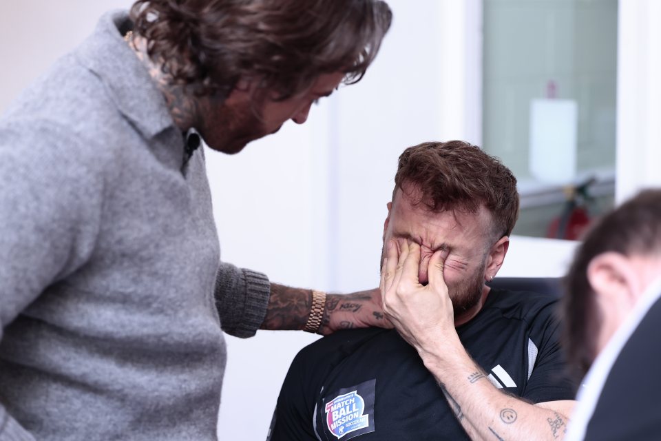 Sam Thompson comforts a crying Pete Wicks.