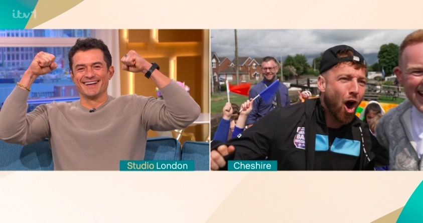 Split image showing Sam Thompson surprised in Cheshire and celebrating in a London studio.